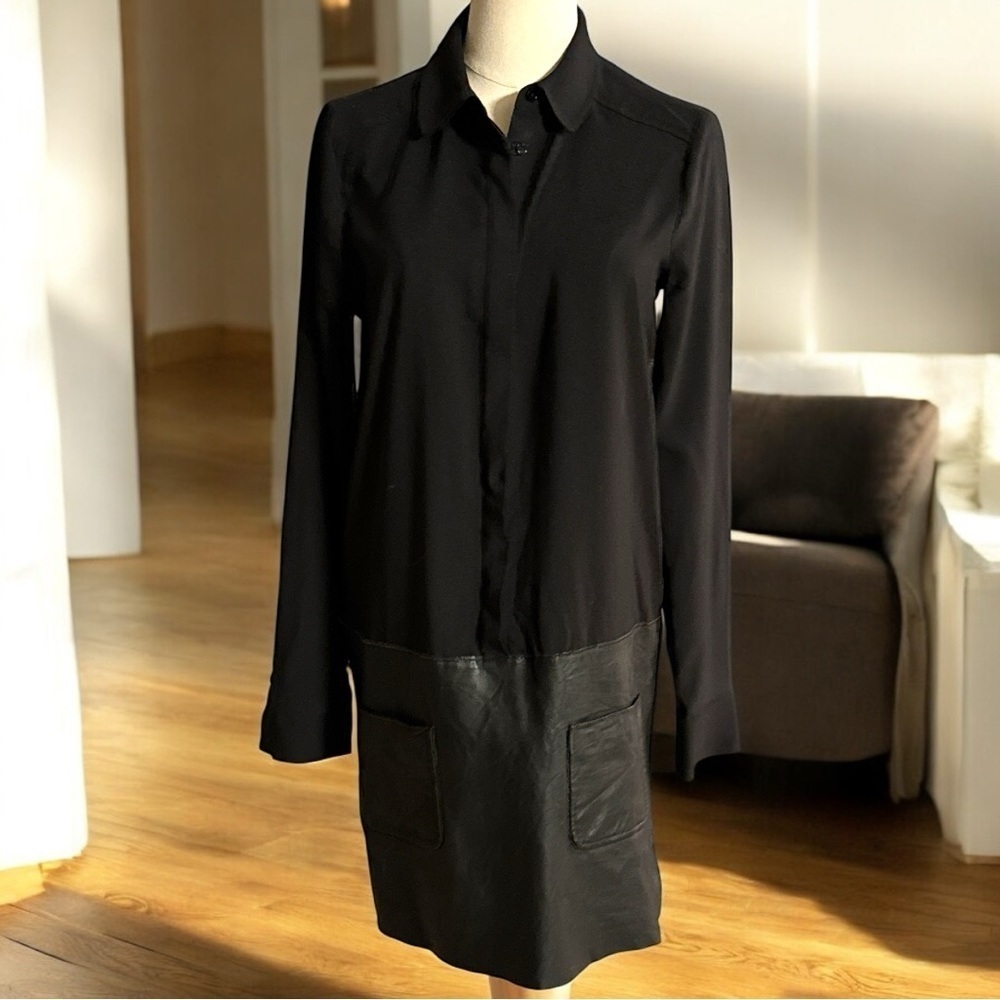 RACHEL ZOE BLACK LEATHER AND SILK DRESS